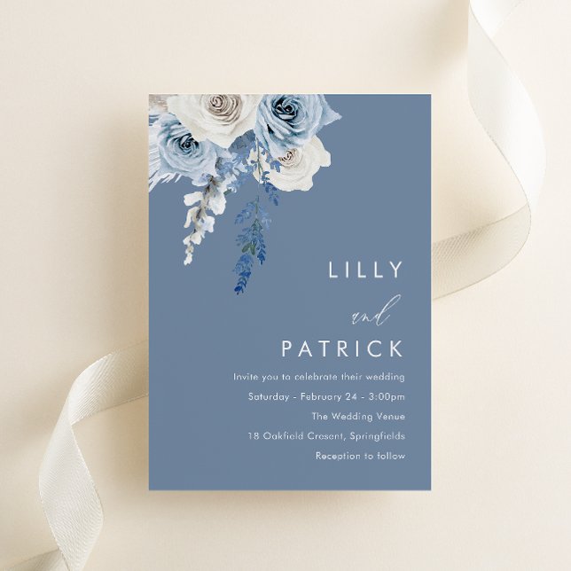 Invitación Moderno Boda floral azul y blanco (Subido por el creador)