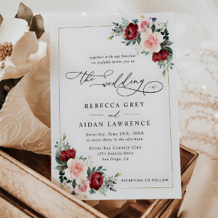 Invitación Moderno Boda floral Borgoña Rubor elegante
