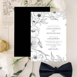 Invitación Moderno Boda floral de arte de la Línea Blanca Neg