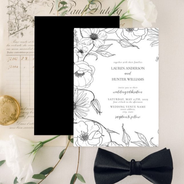 Invitación Moderno Boda floral de arte de la Línea Blanca Neg (Subido por el creador)