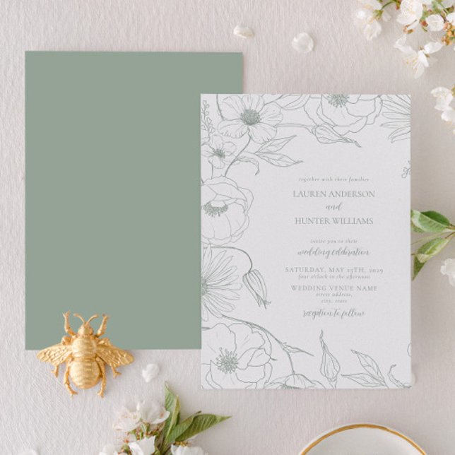 Invitación Moderno Boda floral de arte de la Línea Verde Sage (Subido por el creador)