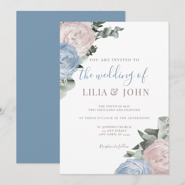 Invitación Moderno Boda Floral Dusty Azul y Rosa (Anverso / Reverso)
