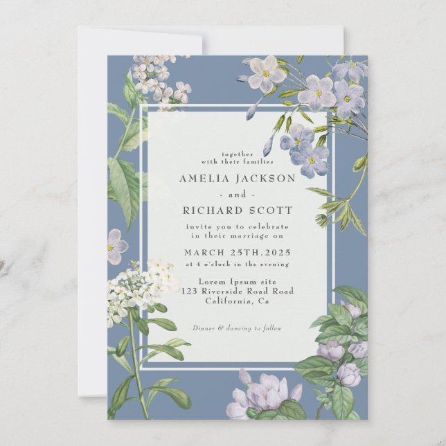 Invitación Moderno boda floral Dusty Blue & White (Anverso)