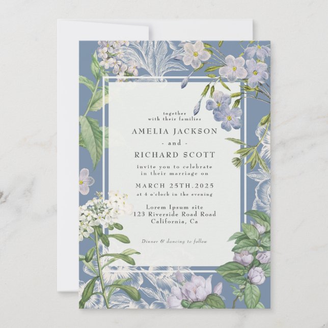 Invitación Moderno boda floral Dusty Blue & White (Anverso)