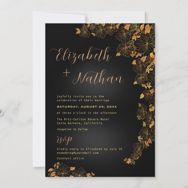 Invitación Moderno Boda floral elegante de citas en negro y o (Anverso)