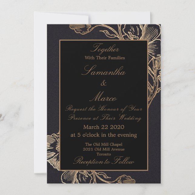 Invitación Moderno Boda floral elegante de oro falso Metaliza (Anverso)