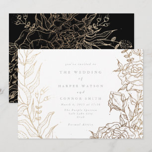 Invitación Moderno Boda floral elegante negro de oro blanco