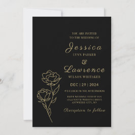 Invitación Moderno Boda floral elegante negro y dorado