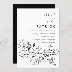 Invitación Moderno Boda floral Minimalista blanco y negro