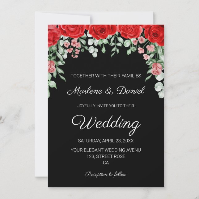 Invitación Moderno Boda Floral Negro Y Rojo Elegante (Anverso)