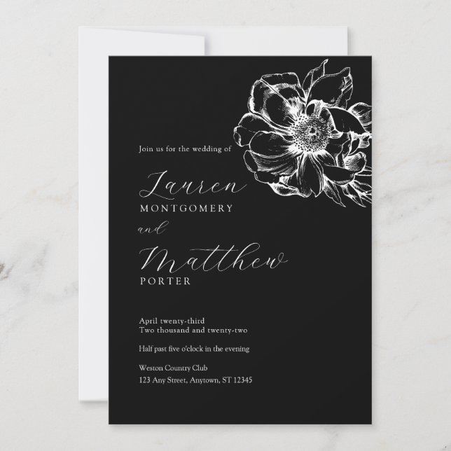Invitación Moderno Boda floral Peony negro y blanco (Anverso)