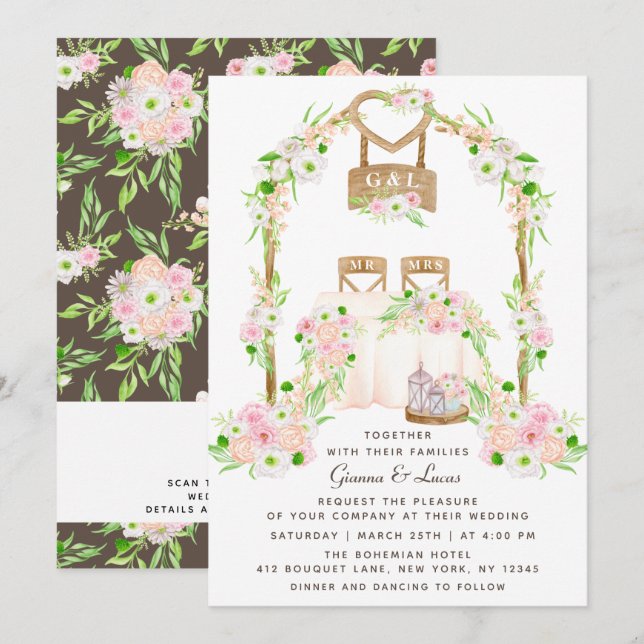 Invitación Moderno Boda floral rústico de acuarela al aire li (Anverso / Reverso)