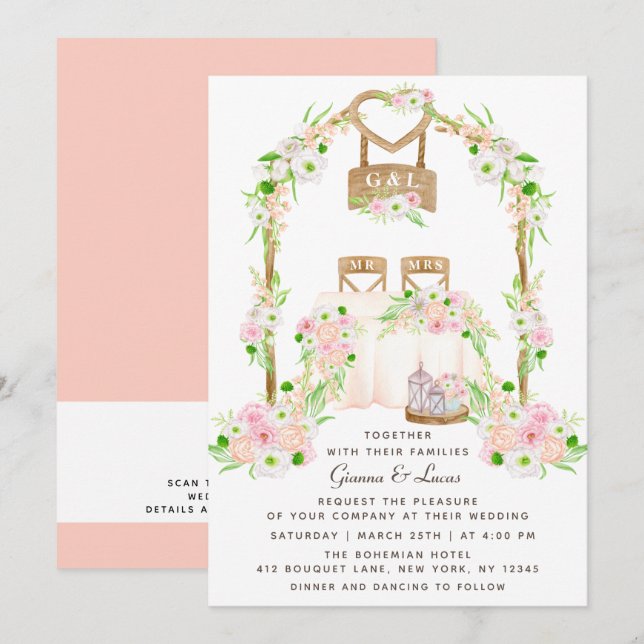 Invitación Moderno Boda floral rústico de acuarela al aire li (Anverso / Reverso)