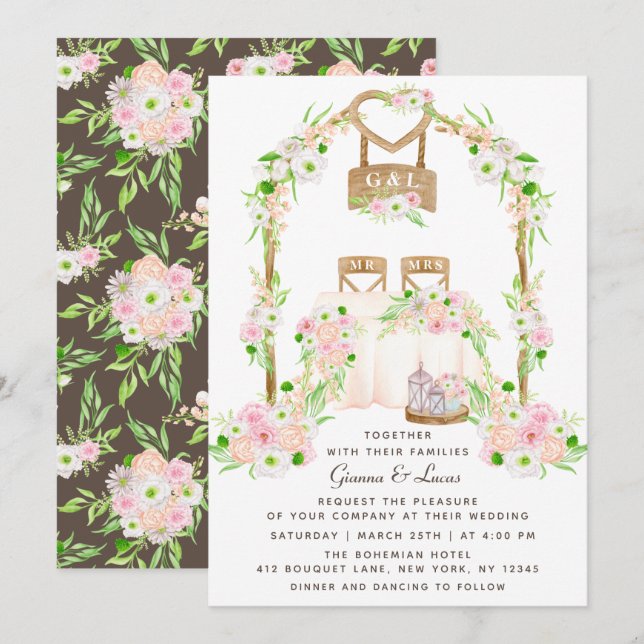 Invitación Moderno Boda floral rústico de acuarela al aire li (Anverso / Reverso)