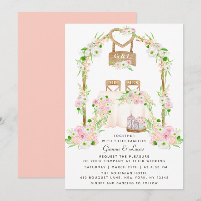 Invitación Moderno Boda floral rústico de acuarela al aire li (Anverso / Reverso)