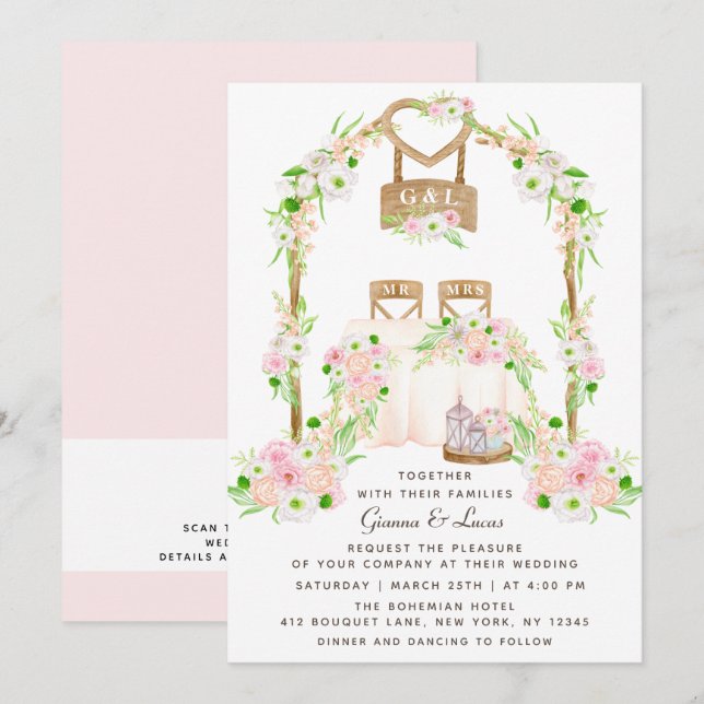 Invitación Moderno Boda floral rústico de acuarela al aire li (Anverso / Reverso)