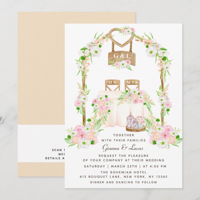Invitación Moderno Boda floral rústico de acuarela al aire li (Anverso / Reverso)
