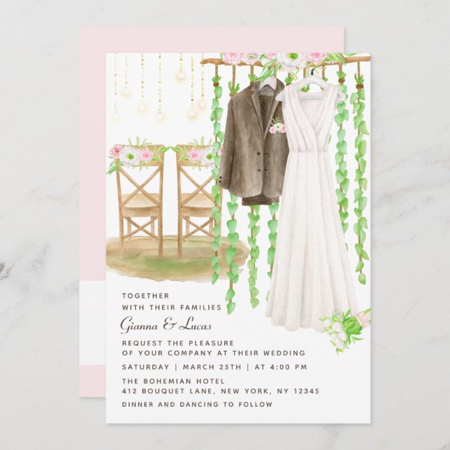 Invitación Moderno Boda floral rústico de acuarela al aire li (Anverso / Reverso)