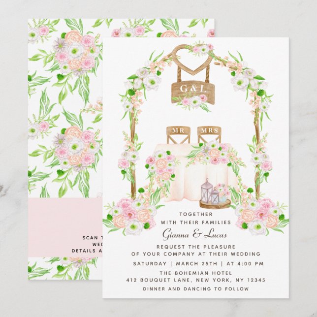Invitación Moderno Boda floral rústico de acuarela al aire li (Anverso / Reverso)