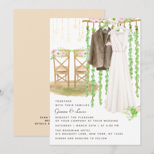 Invitación Moderno Boda floral rústico de acuarela al aire li (Anverso / Reverso)