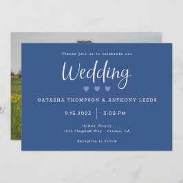 Invitación Moderno Boda fotográfico de tres corazones azules