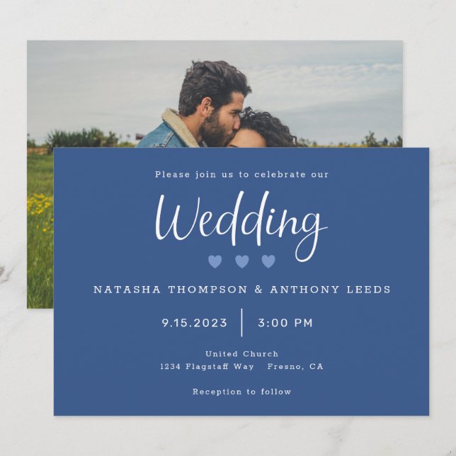 Invitación Moderno Boda fotográfico de tres corazones azules (Anverso / Reverso)