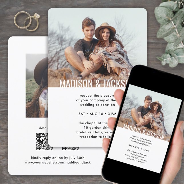 Invitación Moderno Boda fotográfico Mínimo Todo En Uno QR RSV (Subido por el creador)