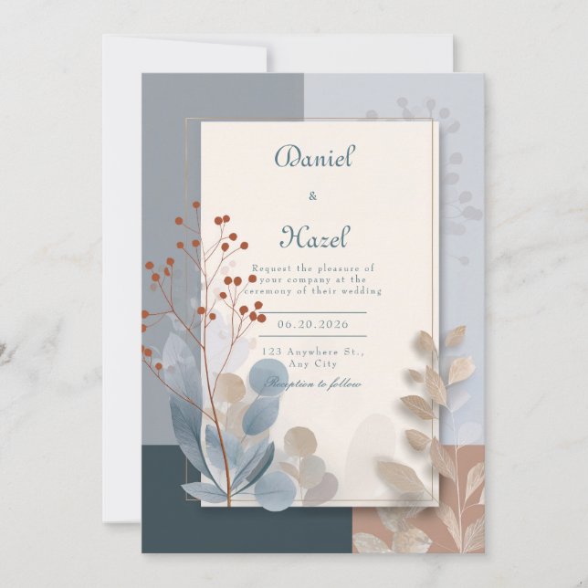 Invitación Moderno Boda geométrico botánico de terracota azul (Anverso)