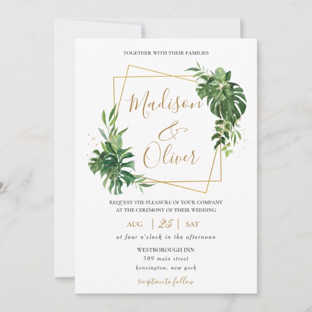 Invitación Moderno Boda Geométrico de Oro de Verdedero Tropic (Anverso)