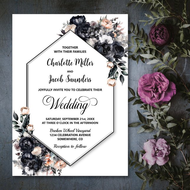 Invitación Moderno Boda geométrico de Smokey Black Floral (Subido por el creador)