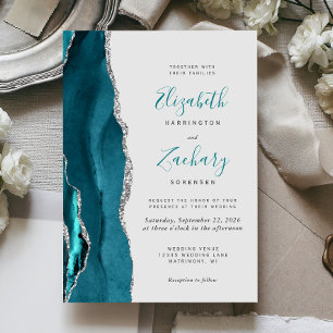 Invitación Moderno Boda gris de ácidos plateados Verde azulad