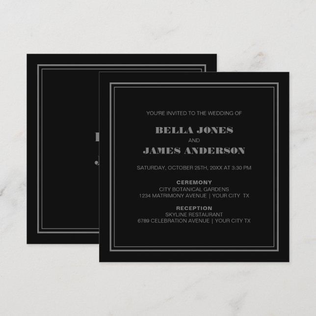 Invitación Moderno Boda gris negro simple (Anverso / Reverso)