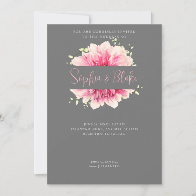 Invitación Moderno Boda Gris Sencillo De Flor Rosa Enmarcado (Anverso)
