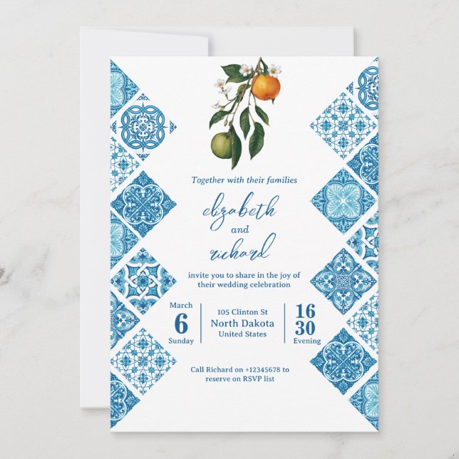 Invitación Moderno Boda mediterráneo de azulejos de limón azu (Anverso)