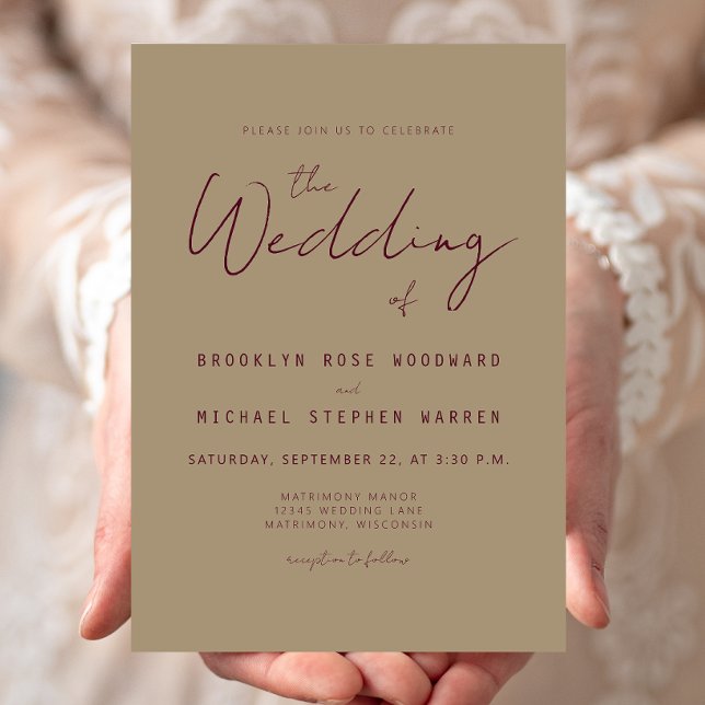 Invitación Moderno Boda Mínimo de Borgoña Guión Dorado (Subido por el creador)