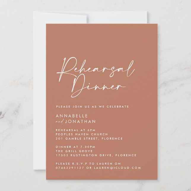Invitación Moderno Boda mínimo de terracota Ensayo Cena (Anverso)