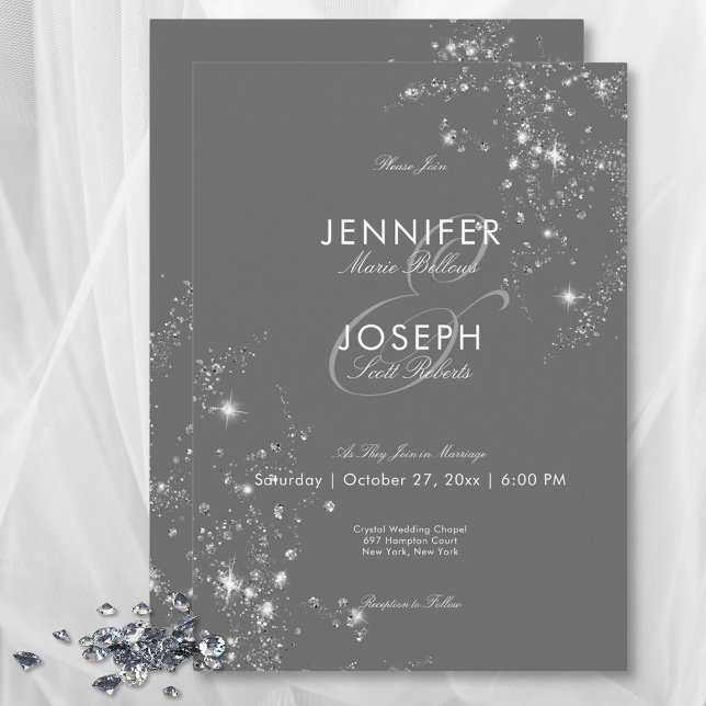 Invitación Moderno Boda Mínimo Gris y Diamantes de Glam Blanc (Modern Minimal Gray & White Glam Diamonds Wedding Invitation)