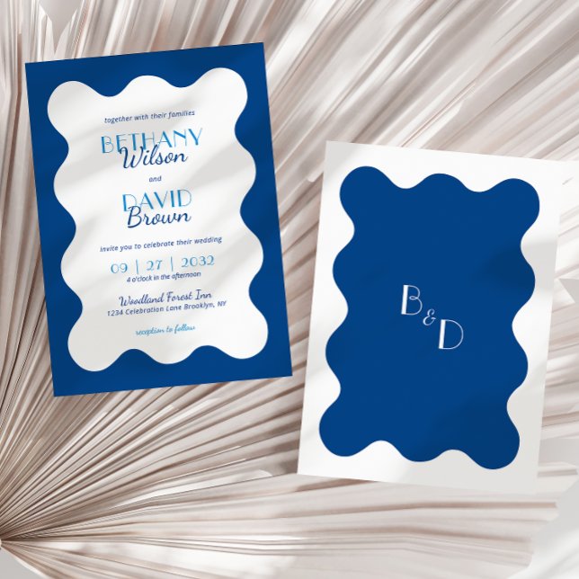 Invitación Moderno Boda monograma de ondulación de ola azul c (Subido por el creador)