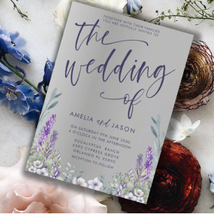 Invitación Moderno Boda morado floral y plateado metálico