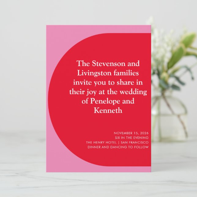 Invitación Moderno Boda negrita geométrica y lúdico rojo rosa (Anverso de pie)