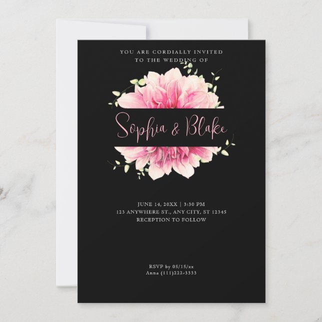 Invitación Moderno Boda negro con marcos florales rosados sim (Anverso)