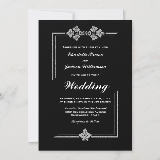 Invitación Moderno Boda negro de borde plateado (Anverso)