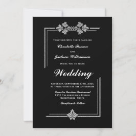 Invitación Moderno Boda negro de borde plateado