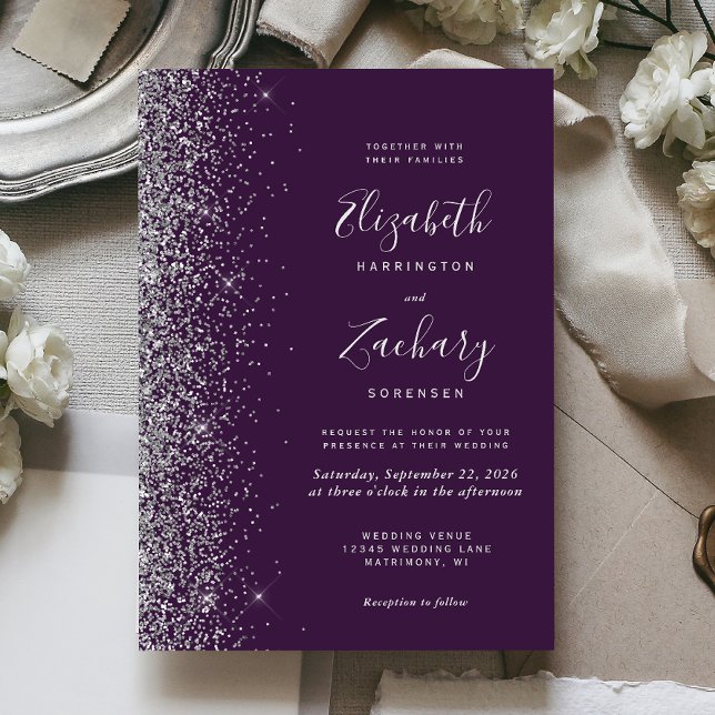 Invitación Moderno Boda perimetral Purpurina morado-dorado-ne (The perfect choice for a purple and silver themed wedding.)