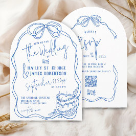 Invitación Moderno boda retro azul dibujado a mano