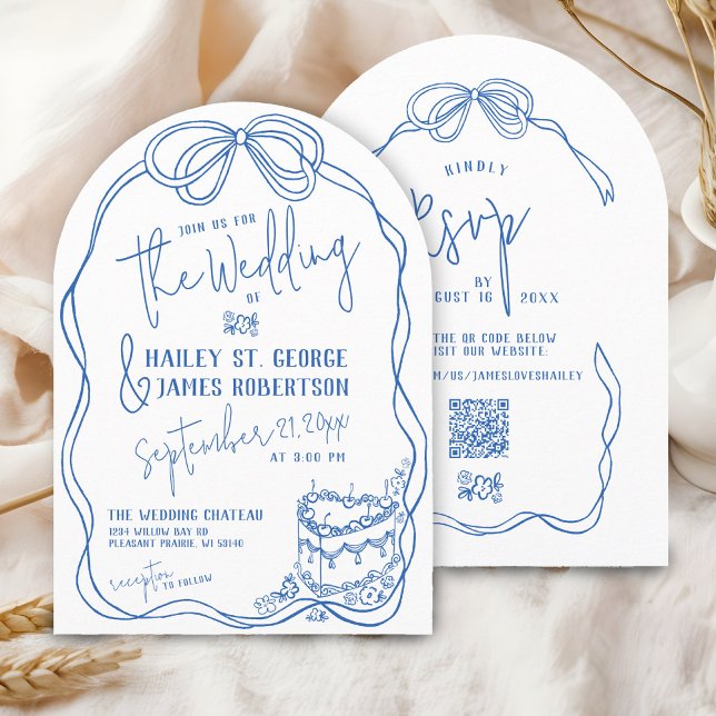 Invitación Moderno boda retro azul dibujado a mano (Retro modern hand drawn blue and white elegant coquette bow floral vintage cake wedding invitation)