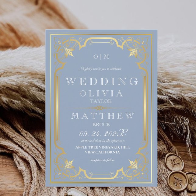 Invitación Moderno Boda romántico ornato elegante de oro azul (Subido por el creador)