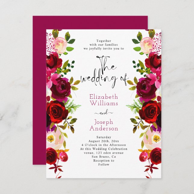 Invitación Moderno Boda rosa de los Rosas florales de Borgoña (Anverso / Reverso)