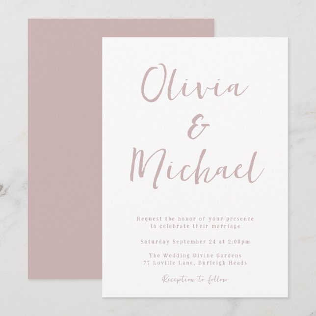 Invitación Moderno Boda rosa y blanco polvoriento (Anverso / Reverso)