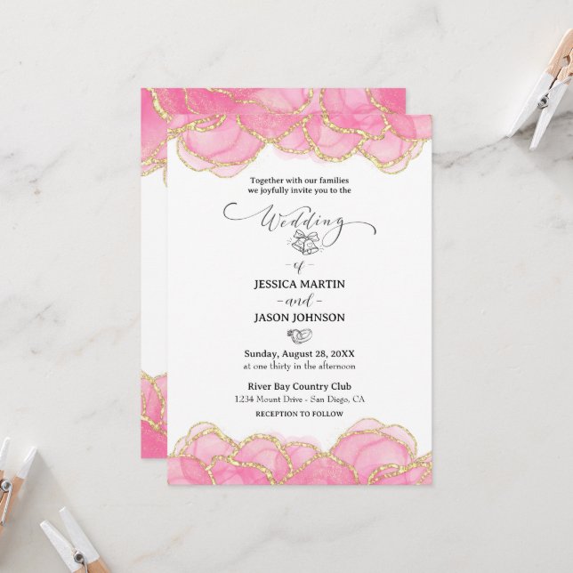 Invitación Moderno Boda rosa y dorado elegante (Anverso/Reverso In Situ)